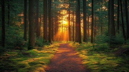 Obraz premium Golden hour sunlight filters through tall pine trees, casting long, soft shadows on mossy forest floor, with a winding dirt path leading into the enchanting woodland.