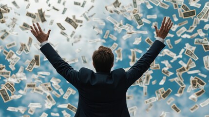 A man in a suit stands with arms raised, celebrating as money rains down from above, symbolizing success and abundance.