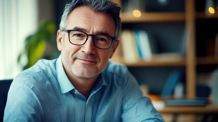 Obraz premium A middle-aged professional businessman, a smiling mature executive director, a male entrepreneur, a confident business owner with glasses in the office.