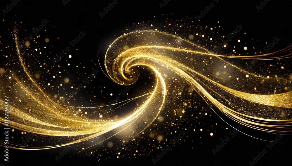 Poster golden sparkle trail dust in swirl wave style a mesmerizing display of shimmering gold particles swi