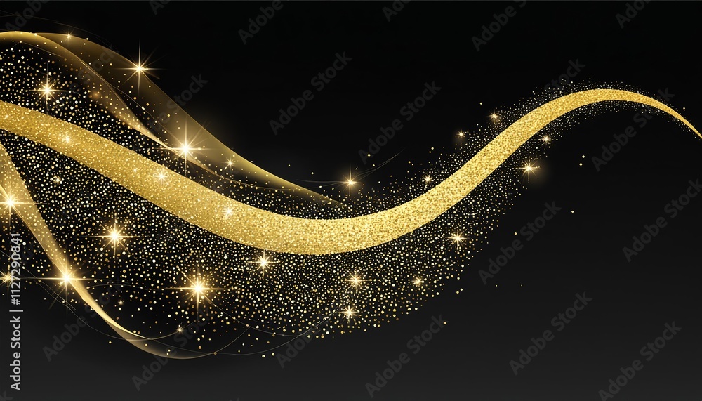 Poster golden sparkle trail dust in swirl wave style a mesmerizing visual of shimmering gold dust swirling 