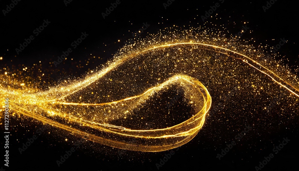 Poster golden sparkle trail dust in swirl wave style a captivating visual of glittering particles dancing t