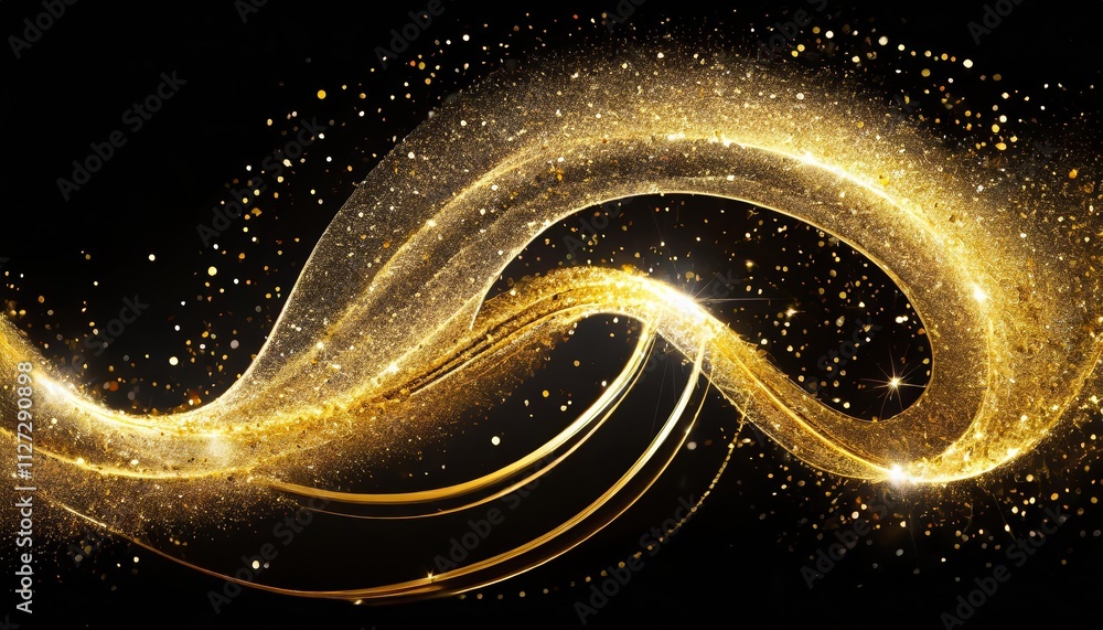 Poster golden sparkle trail dust in swirl wave style a captivating visual journey through shimmering partic