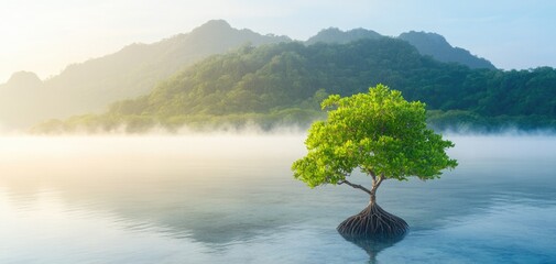 Sustainable tree growth action in coastal wetlands environmental conservation co2 absorption climate resilience concept serene nature viewpoint