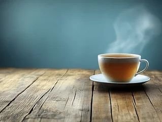 Poster Steaming cup of tea on rustic wooden table
