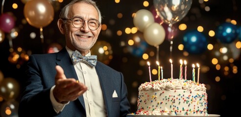 A happy elderly man is celebrating his birthday. Portrait of a cheerful, handsome elderly pensioner, in beautiful elegant clothes.