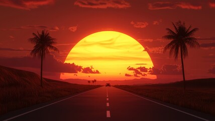 Sunset over a serene road lined with palm trees, creating a peaceful atmosphere.