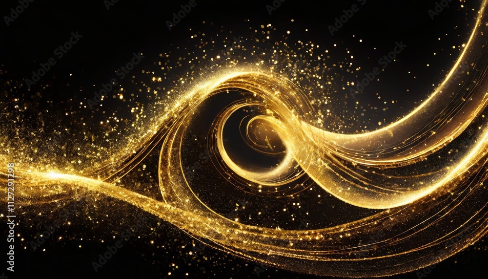 Poster golden sparkle trail dust in swirl wave style a mesmerizing visual of shimmering golden particles sw