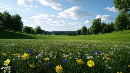 Fototapeta premium A field of flowers with a blue sky in the background
