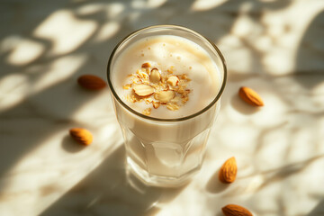 Glass of healthy organic almond milk with almonds ingredients around.