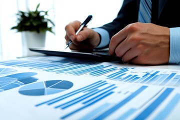 Professional Person Reviewing Real Estate Investment Portfolios on Tablet with Overhead Lighting and Charts in Modern Office Setting