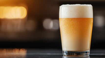 A frothy glass of golden beer sits on a dark surface, illuminated by warm light, showcasing its refreshing appeal.