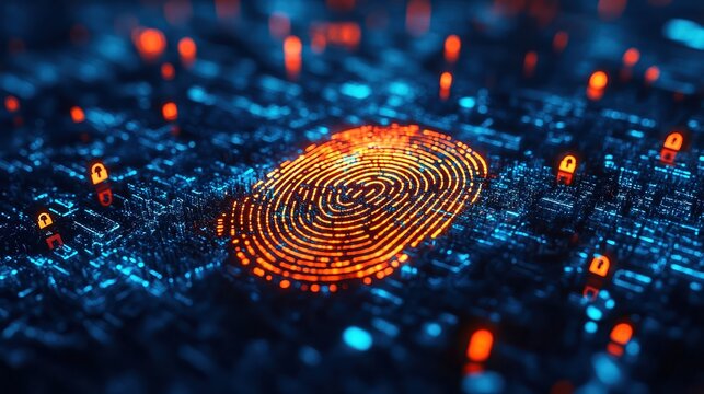  Glowing digital fingerprint on futuristic blue interface, symbolizing biometric security, innovation, and modern identity protection.