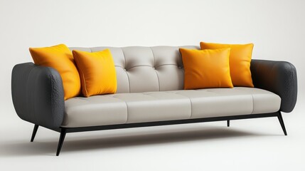 Fototapeta premium Beige sofa with black arms and orange pillows.