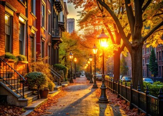 Fototapeta premium Golden leaves dance on city pavements, painting a breathtaking autumn sunset.