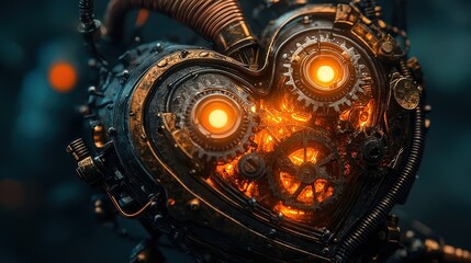  mechanical steampunk heart crafted from bronze, copper gears, and glowing tubes is isolated to showcase intricate craftsmanship and an industrial aesthetic.
