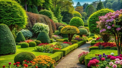 Obraz premium Garden design collection featuring line art trees, shrubs, and flowers; perfect for ornamental landscaping.