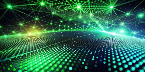 Obraz premium Futuristic neon green web: data streams, dynamic gradient, digital network, speed and perspective.