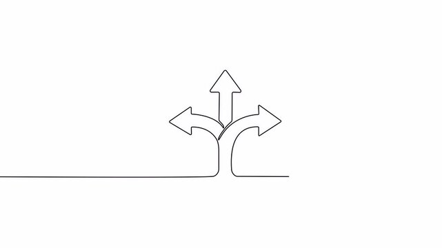 Video. Drawing Arrows in three directions in one continuous line. Concept of choice, option, path, opportunity, road. Animation on white background. 4K.