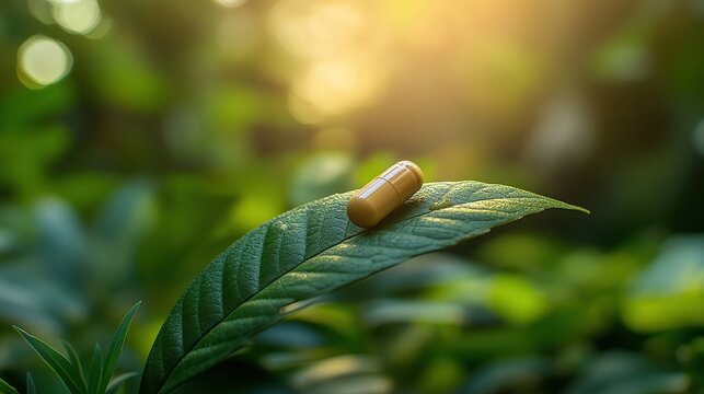  single eco pill balances delicately on the tip of a green leaf, with a soft-focus background of a lush tropical rainforest creating a vibrant and organic look.