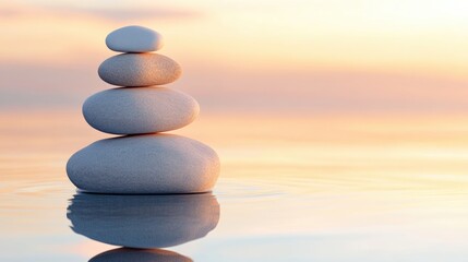 A delicate arrangement of smooth stones balances harmoniously on top of each other, reflecting soft sunset hues on the still water