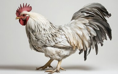 A lifelike full-body depiction of a rooster, featuring realistic feather textures and natural coloring, set against a clean white background 