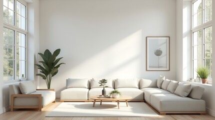 Bright and Airy Minimalist Living Room Interior Design with Large Windows and Neutral Tones