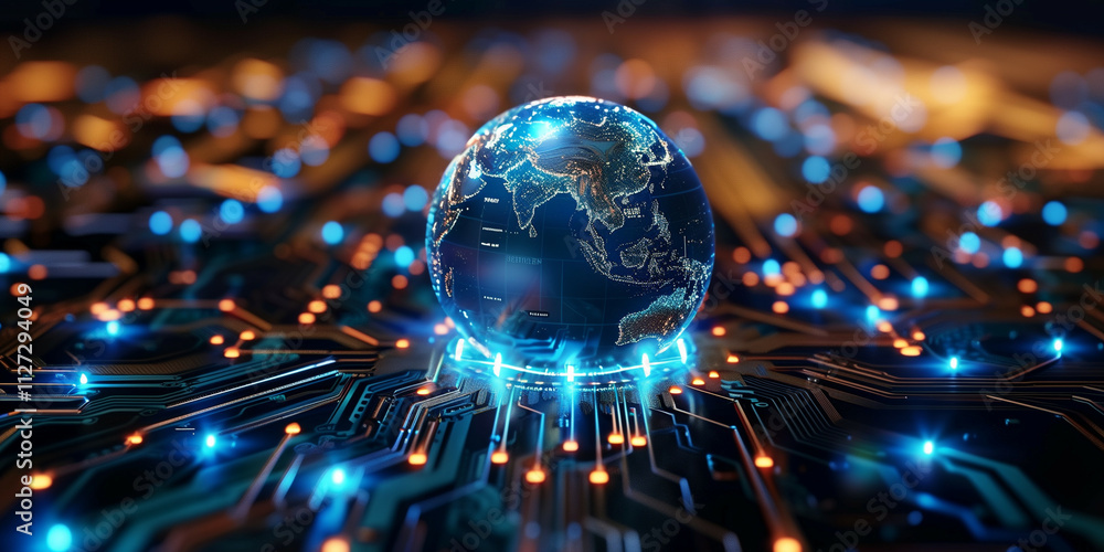 Poster a digital representation of the planet earth glowing on a high-tech motherboard with illuminated cir