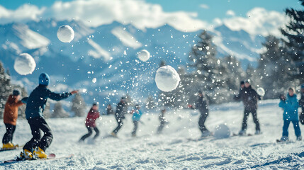 A snowball fight breaking out on a ski slope with snow-capped peaks in the background.