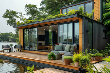 A modern shipping container home situated on a tranquil lakeside, surrounded by lush greenery and equipped with a rooftop garden and stylish outdoor seating