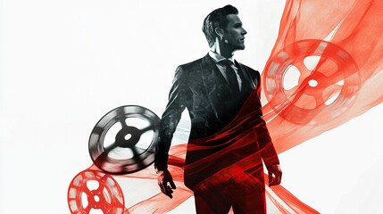 Dynamic portrayal of a man in a suit with film reels and flowing fabric