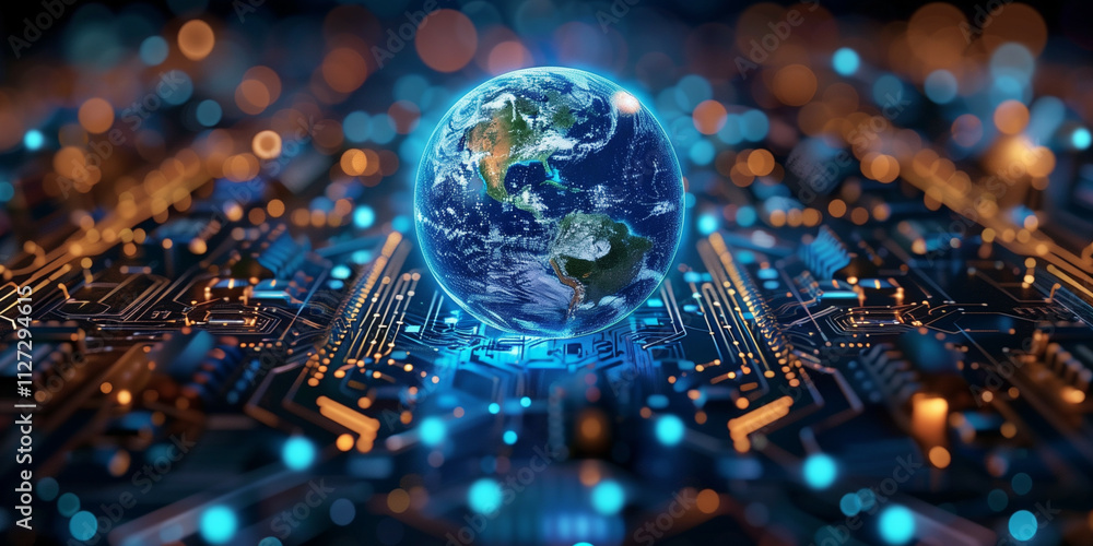 Poster a digital representation of the planet earth glowing atop a complex network of circuit boards illust