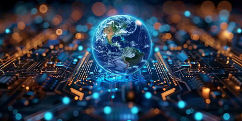 A digital representation of the planet Earth glowing atop a complex network of circuit boards illustrating global connectivity and data flow