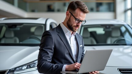 Confident Businessman Using Laptop in Modern Car Showroom Setting