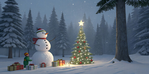 Obraz premium Christmas Tree On Snow At Night With Shiny Star And Gift Boxes In Winter Forest - Winter Abstract Landscape