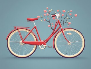Obraz premium Red bicycle adorned with blossoming cherry tree branches