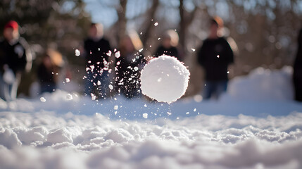 A snowball mid-flight with a group of friends laughing in the background.