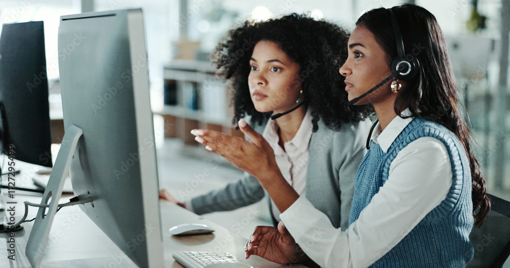 Poster women, call center and advice with customer support, training and help for computer teamwork. collab
