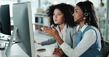 Women, call center and advice with customer support, training and help for computer teamwork....