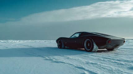 A sports car abandoned in a snowy field its smooth summer tires no match for the deep snow.