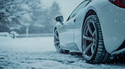 A sports car abandoned in a snowy parking lot its summer tires visibly unsuited for the icy terrain.