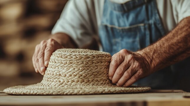 Handcrafted Straw Hat Artisan Making Summer Fashion Accessory Woven Rural Craftsmanship Traditional