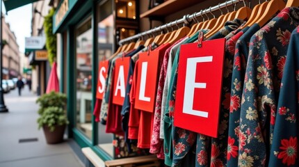 Brightly Colored Clothing Sale Display Attracts Shoppers on a Busy Street Corner