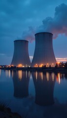 Twilight Reflection of Two Cooling Towers at a Nuclear Power Plant Near a Calm Lake
