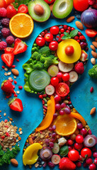 Human body silhouette made of healthy food, vegetarian lifestyle, fitness food, fresh organic fruits and vegetables in vibrant colours, Healthy Eating Concept, nutrition and wellness, good shape