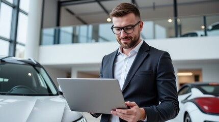 Self-confident Businessman Explores Options in Modern Car Showroom