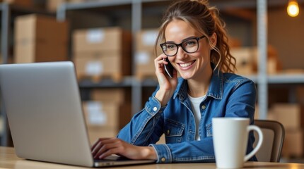 Warehouse Manager Discusses Operations While Working on Laptop