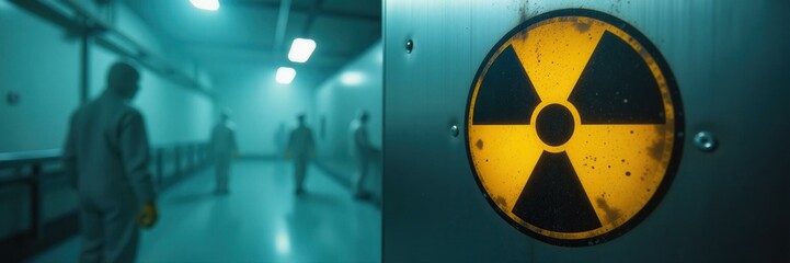 Fototapeta premium Blurred Scientists in Protective Suits Walking Through a Radioactive Zone Corridor, Yellow Warning Sign