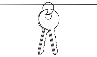 Keys continuous line drawing. Private security object. Vector hand drawn illustration isolated on white