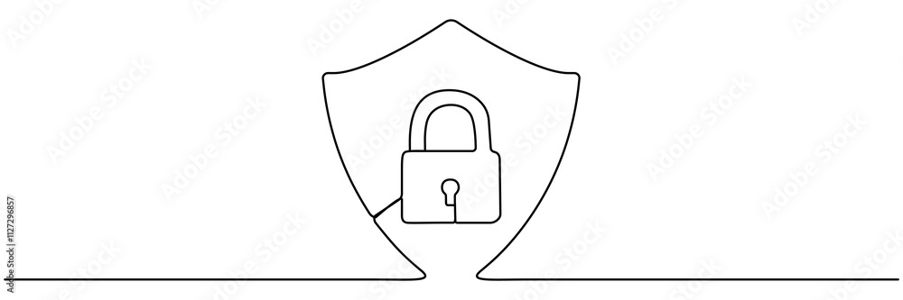 Poster guard badge with padlock inside continuous line drawing. protect and security concept. vector hand d